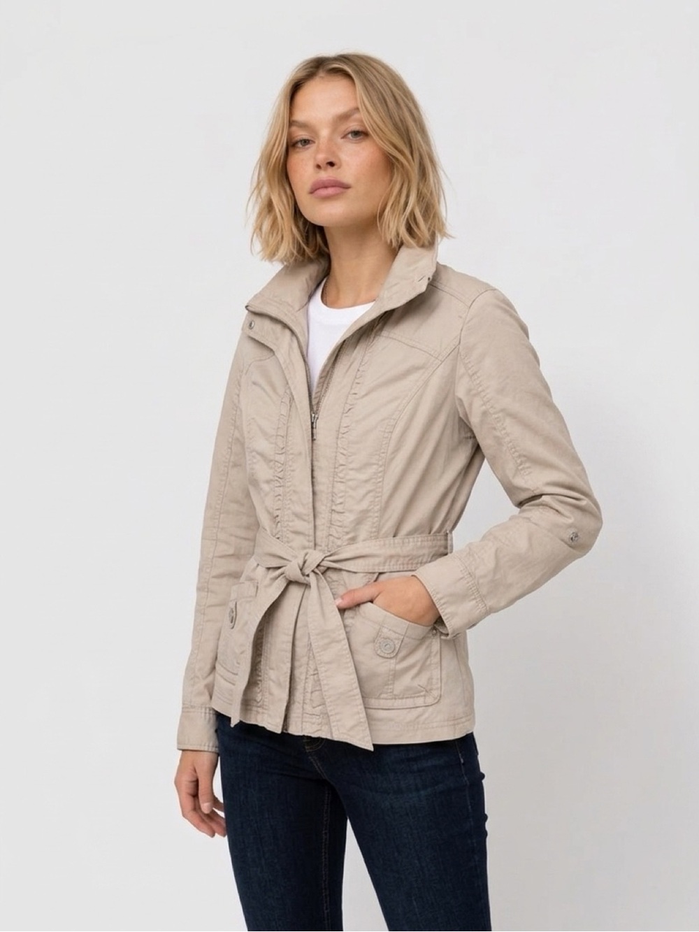 WHBM Jacket Lightweight Utility Belted Ruffles Zip Up Long Sleeve Biege Women XS
